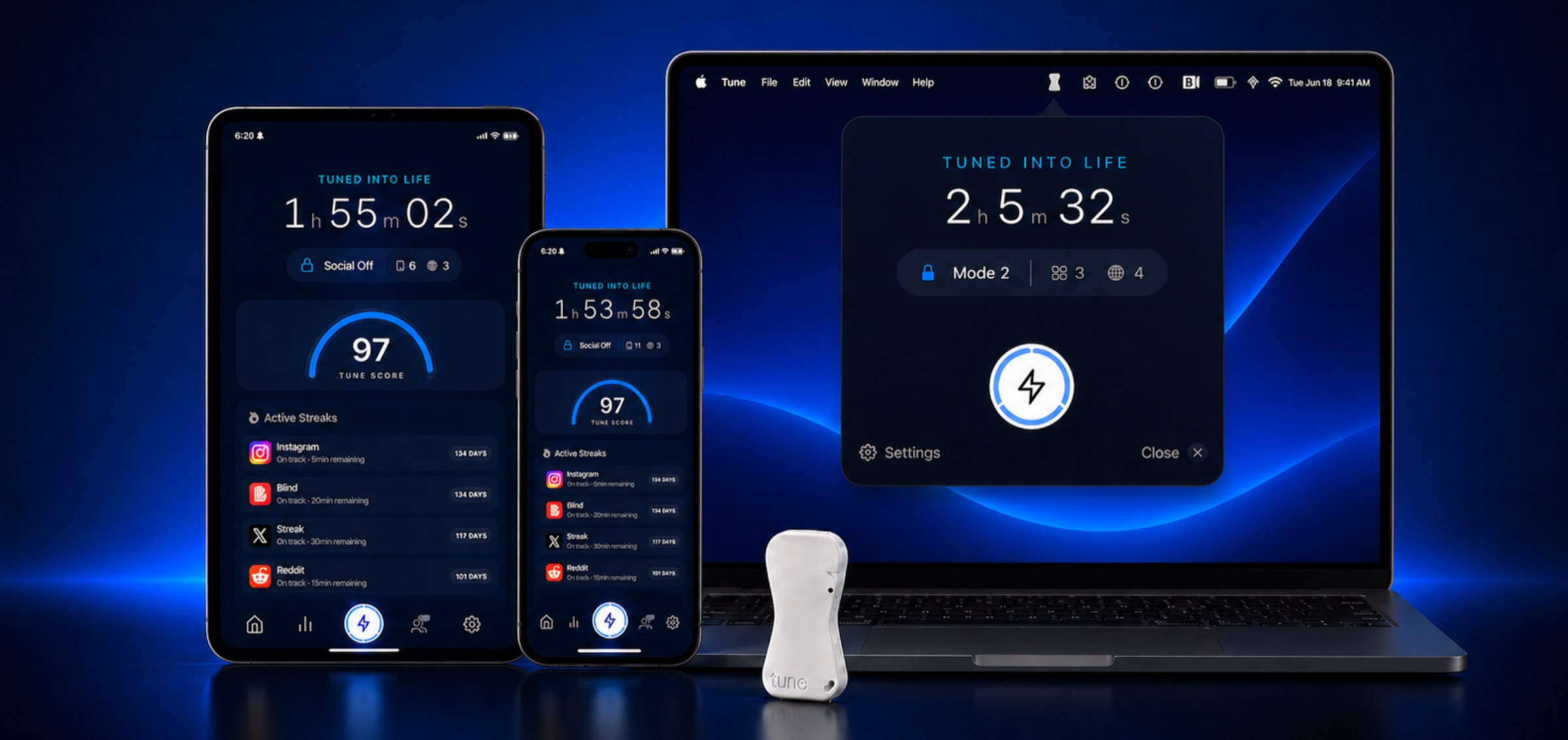 Tune running on an iPad, iPhone, and MacBook, with the Tune Key standing in front