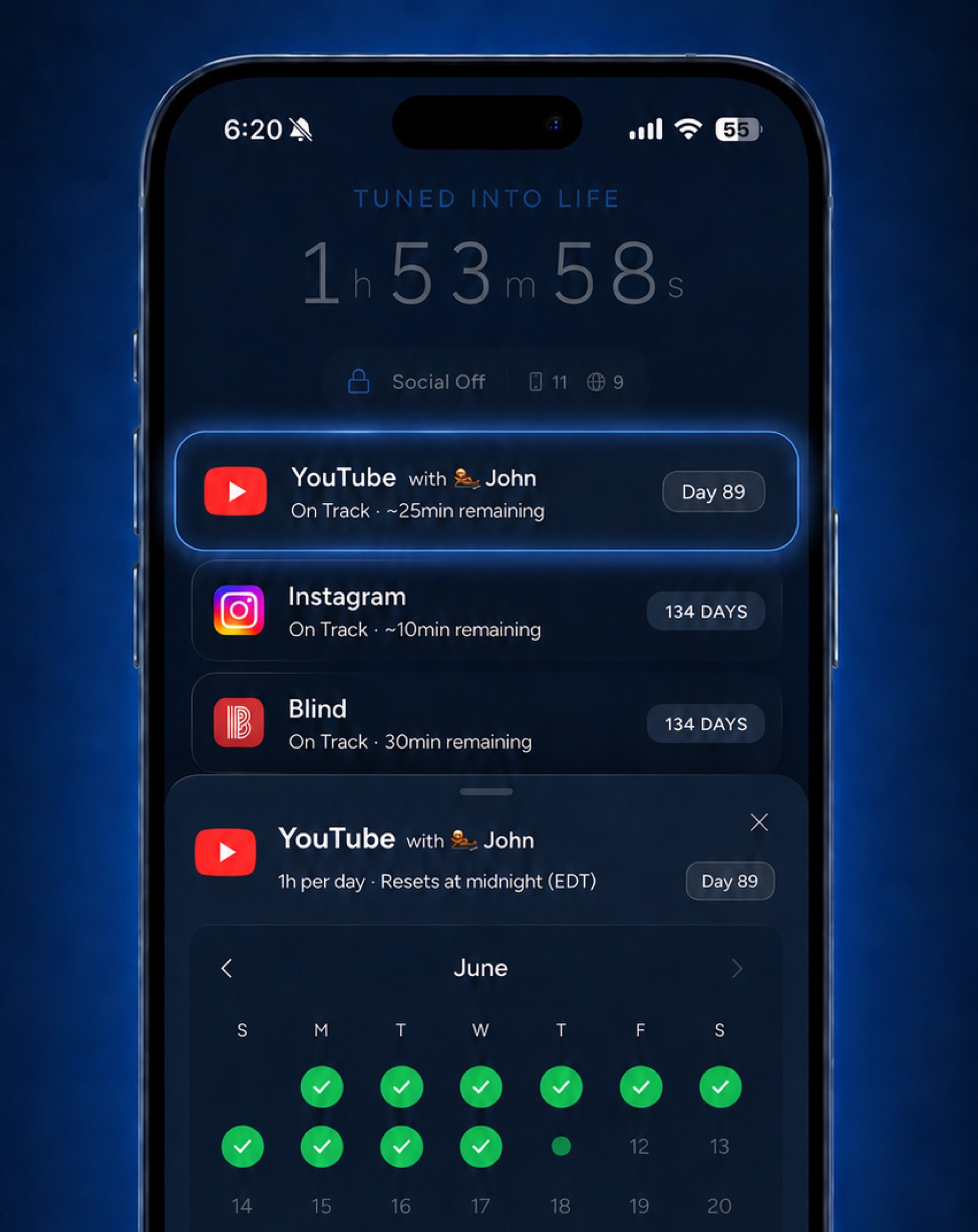 A shared streak with a friend and its streak calendar in the Tune app