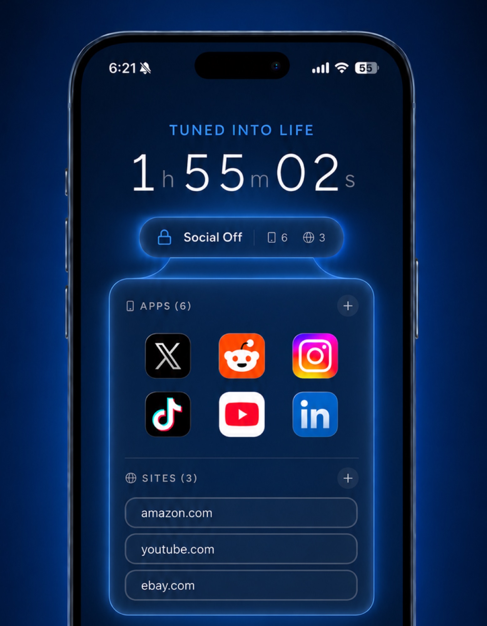 Tune app showing selected apps and websites to block