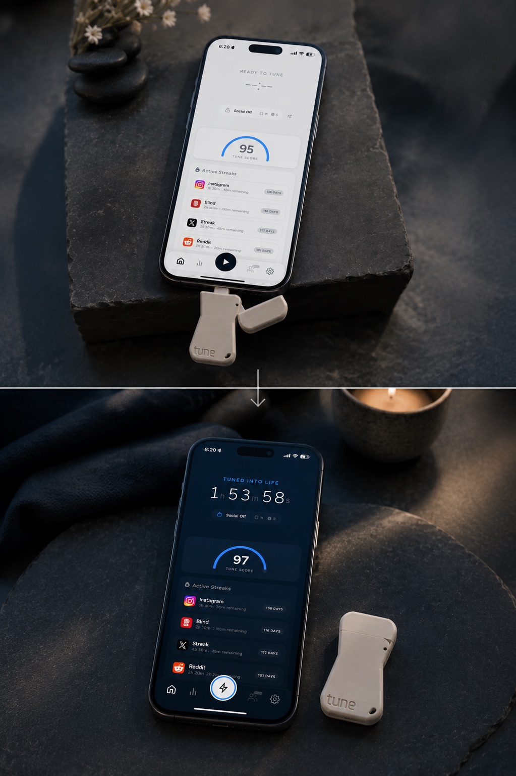 The Tune Key plugged into an iPhone, then tuned into life with the key set aside