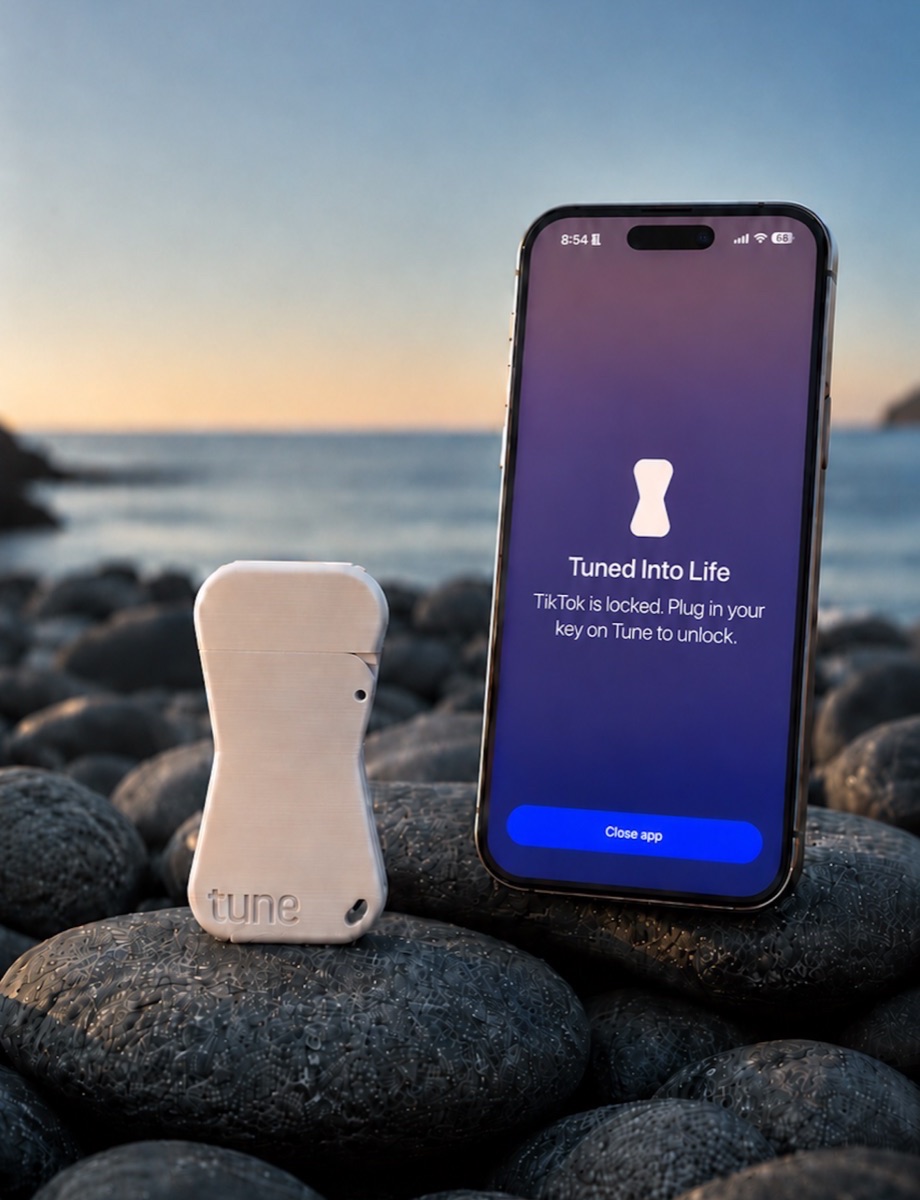 The Tune Key resting beside a phone on beach stones at sunset